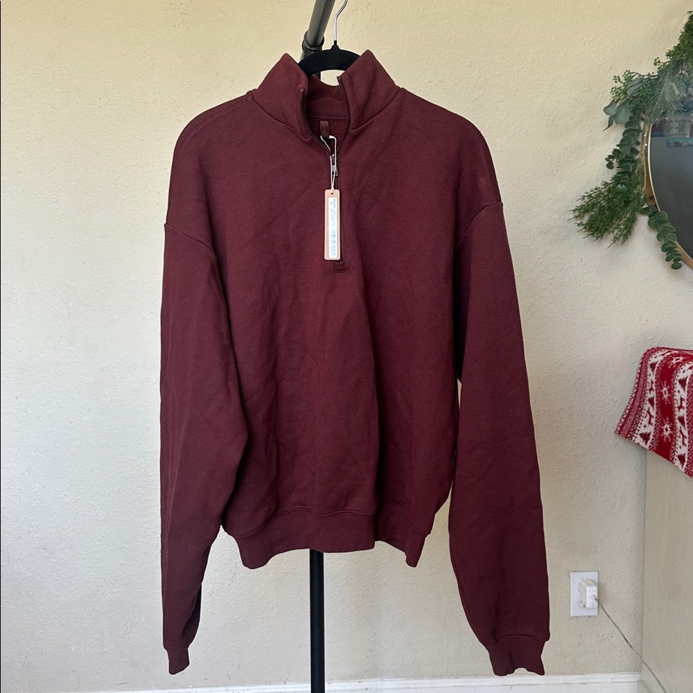 Skims‎ Cotton Fleece Classic Half Zip Pullover in Oxyblood NWT Size M